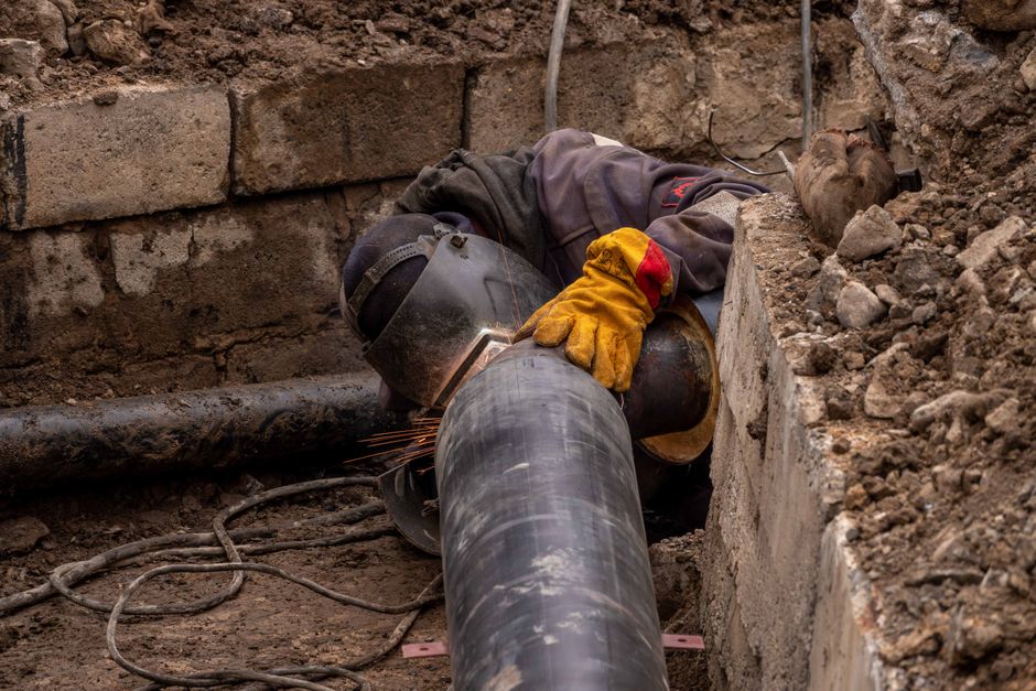 Technician inspecting a drain pipe in a garden